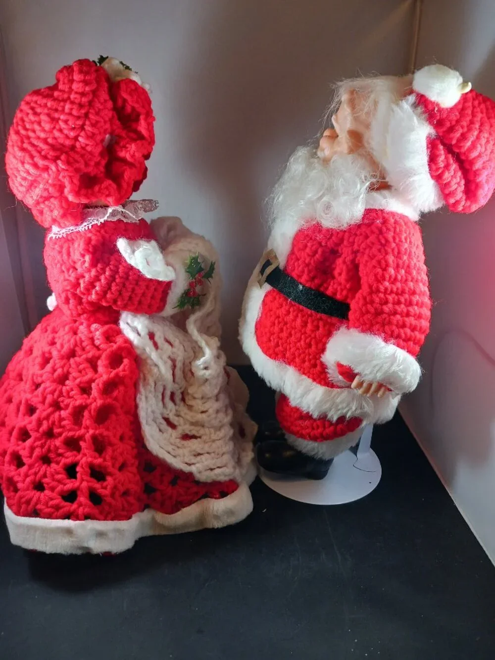 Vintage Crochet Santa Mr. & Mrs. Claus Hard Plastic 12in Tall